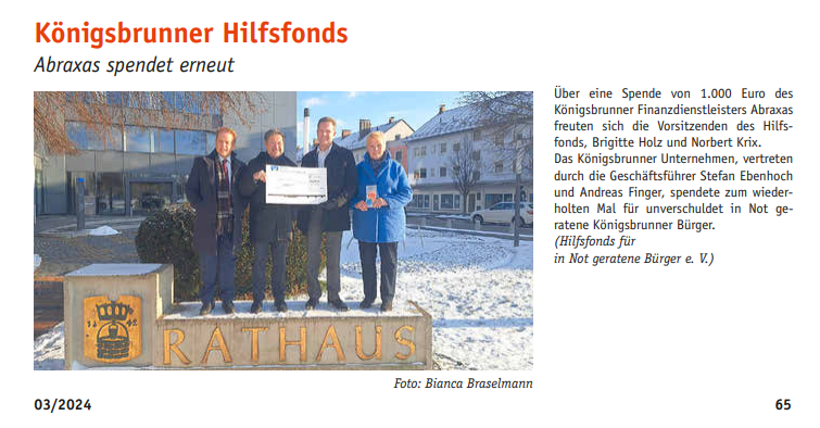 abraxas spendet erneut für Königsbrunner Hilfsfonds